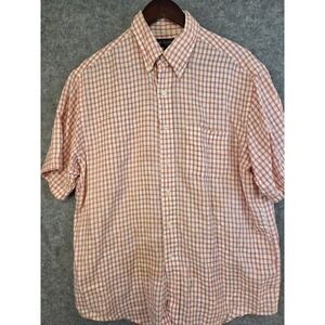 Brooks Brothers Irish Linen Shirt Men's‎ L Short Sleeve Peach Pink Check Preppy